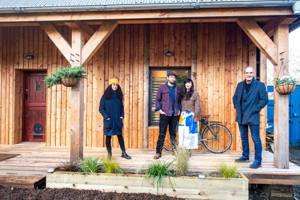 Local architect Natasha Huq; self-builders Ben Whitney and Joanna Susskind-Whitney; and presenter Kevin McCloud  (Channel 4)