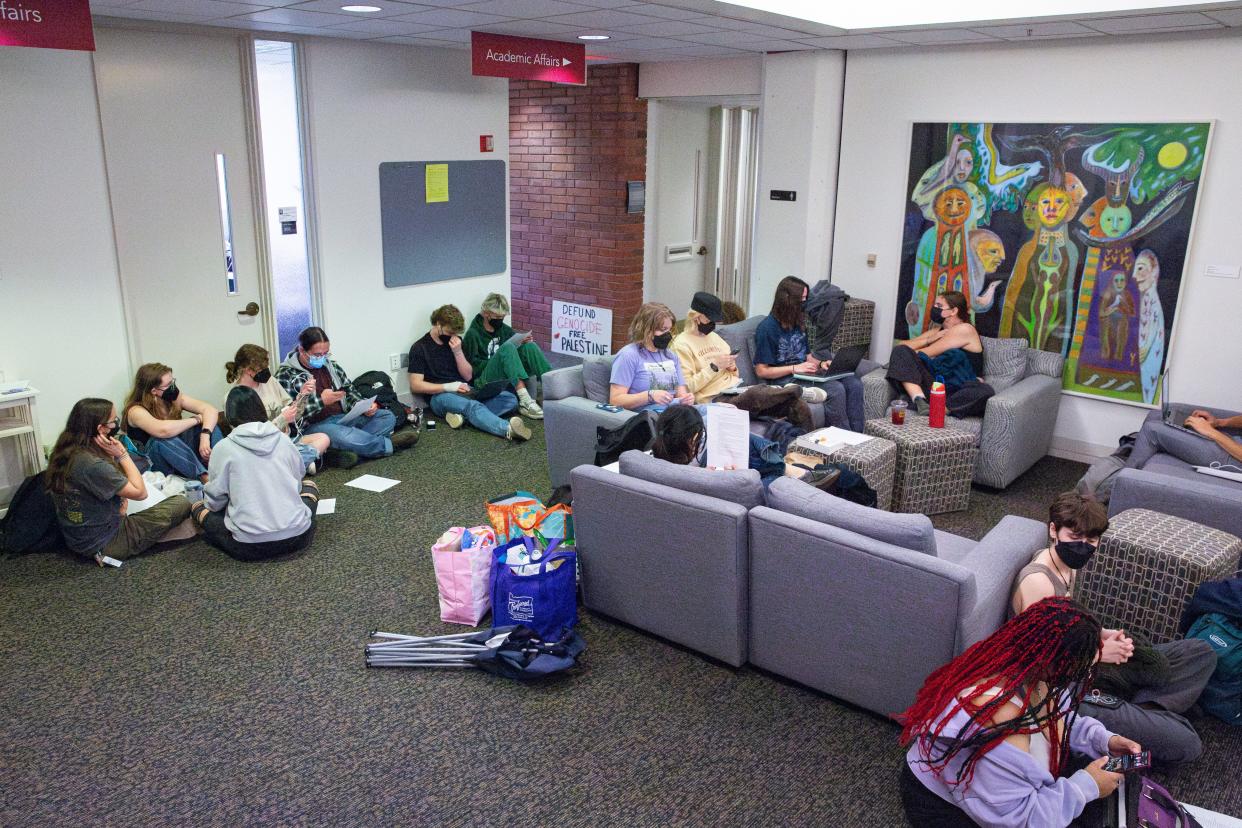 Willamette University students occupy the third floor of the Putnam University Center in support of Palestinians.