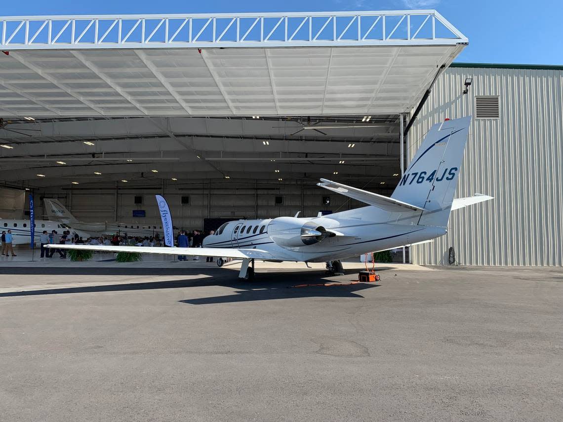 A Cessna Citation parked outside a new hangar that flyExclusive built at the Global TransPark in Kinston, NC. The hangar, the company’s fourth, was dedicated with a ribbon-cutting ceremony on Wednesday, Oct. 12, 2022.