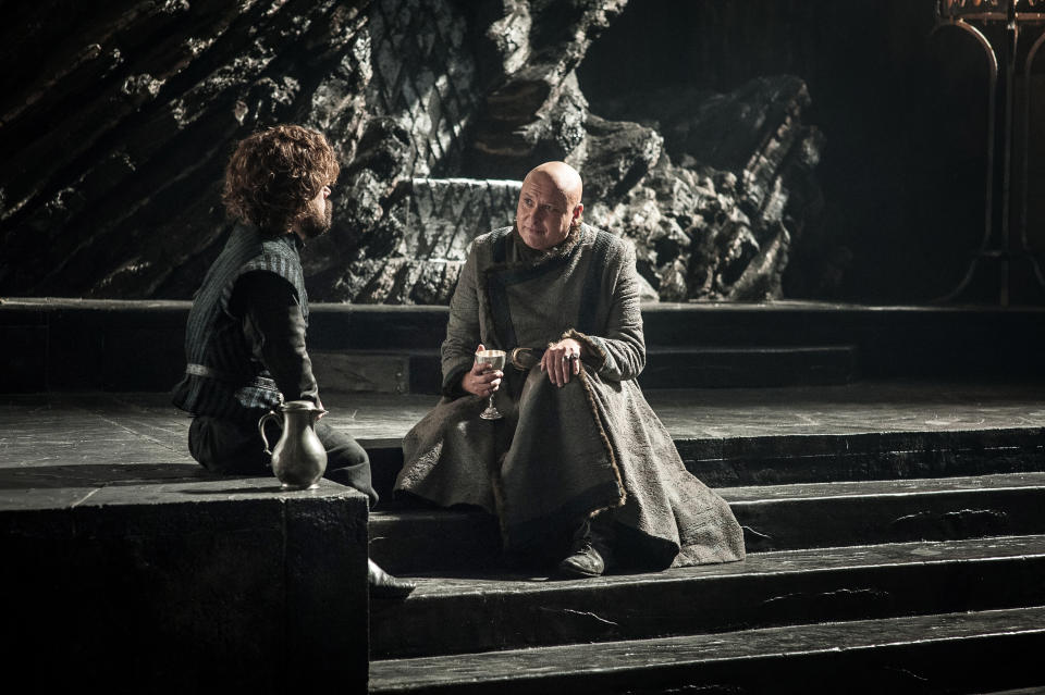 Varys and Tyrion are concerned about Daenarys’ reckless behaviour. Copyright: [HBO]