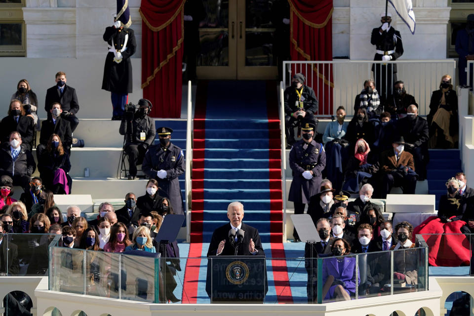 President Joe Biden delivers his inauguration speech after being sworn in as the 46th President of the United States in Washington on Jan. 20, 2021.<span class="copyright">Patrick Semansky—Pool/AFP/Getty Images</span>