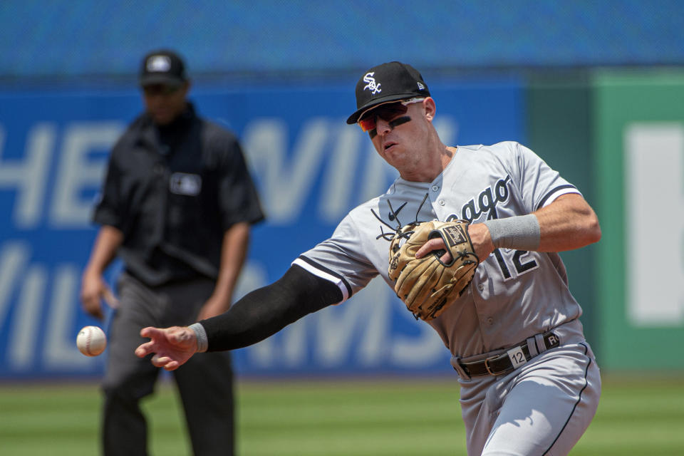 Chicago White Sox' Romy Gonzalez throws out Cleveland Guardians' Myles Straw during the third inning of a baseball game in Cleveland, Wednesday, May 24, 2023. (AP Photo/Phil Long)