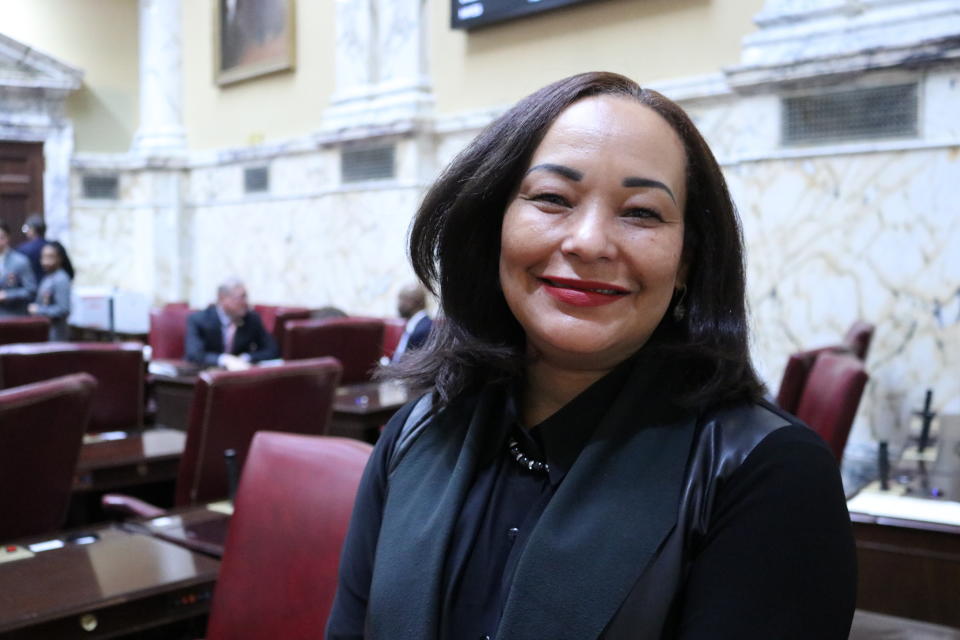 In this Jan. 24, 2020 photo, Maryland State Senator Jill Carter, of Baltimore, stands in the Maryland Senate in Annapolis, Md. Carter is one of 24 candidates running in a special Democratic primary to run for a congressional seat that became vacant with the death of Elijah Cummings in October. (AP Photo/Brian Witte)