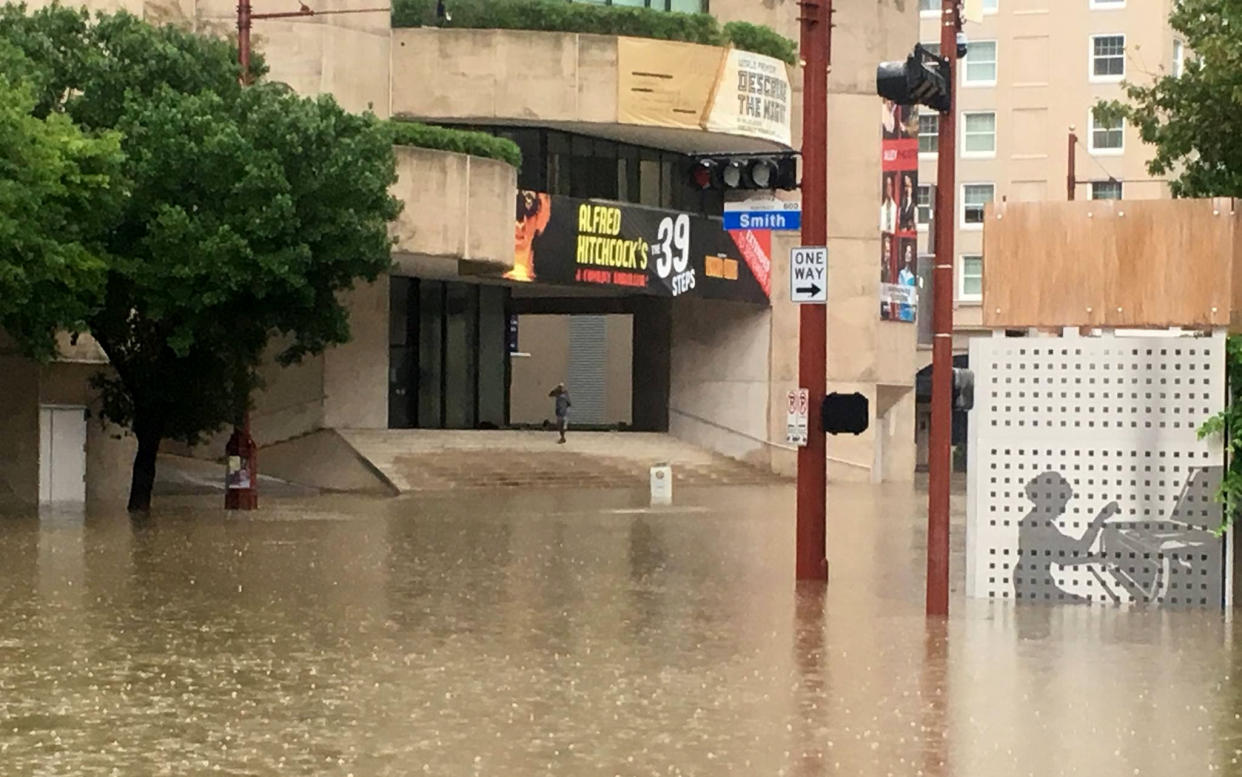 The Alley Theatre at the peak of Hurricane Harvey’s rainfall in Houston, Aug. 28, 2017. (Photo: Courtesy of Alley Theatre)