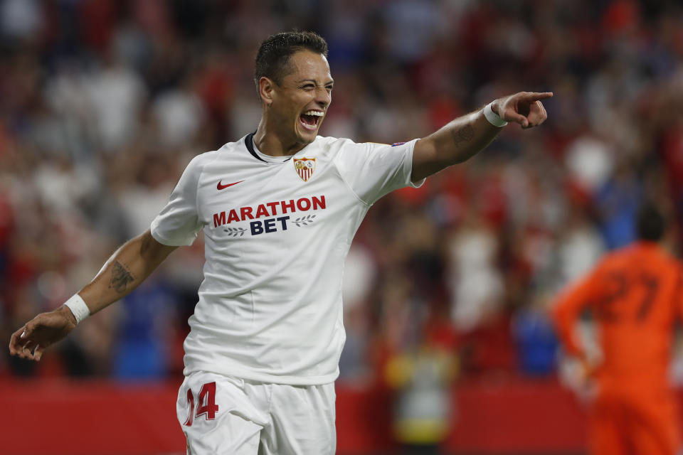 FILE - In this Oct. 3, 2019, file photo, Sevilla's Javier Hernandez celebrates after scoring his side's opening goal during a Europa League group A soccer match against APOEL Nicosia at the Estadio Ramon Sanchez-Pizjuan stadium in Seville, Spain. The Los Angeles Galaxy have signed Javier “Chicharito” Hernández to a Designated Player contract, the MLS soccer club announced Tuesday, Jan. 21, 2020. (AP Photo/Miguel Morenatti, File)