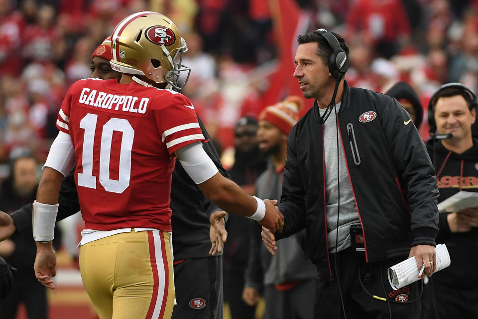 Kyle Shanahan is hoping for better health in 2019 for his quarterback Jimmy Garoppolo. (Getty Images)