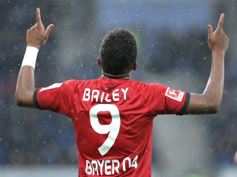 Leverkusen's midfielder Leon Bailey celebrates after scoring during a match against Bayer 04 Leverkusen on January 20, 2018