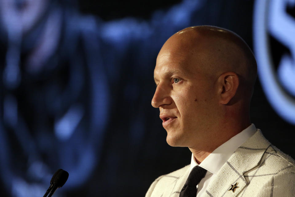 Vanderbilt head coach Clark Lea speaks to reporters during the NCAA college football Southeastern Conference Media Days Wednesday, July 21, 2021, in Hoover, Ala. (AP Photo/Butch Dill)