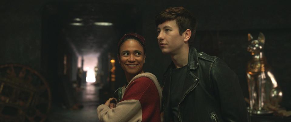 (L-R): Makkari (Lauren Ridloff) and Druig (Barry Keoghan) in Marvel Studios' ETERNALS. Photo courtesy of Marvel Studios