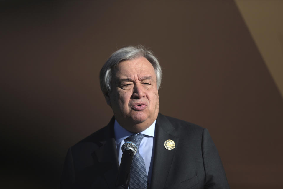 U.N. Secretary-General Antonio Guterres addresses delegates during the opening session of a UN Migration Conference in Marrakech, Morocco, Monday, Dec.10, 2018. Top U.N. officials and government leaders from about 150 countries are uniting around an agreement on migration, while finding themselves on the defensive about the non-binding deal amid criticism and a walkout from the United States and some other countries. (AP Photo/Mosa'ab Elshamy)