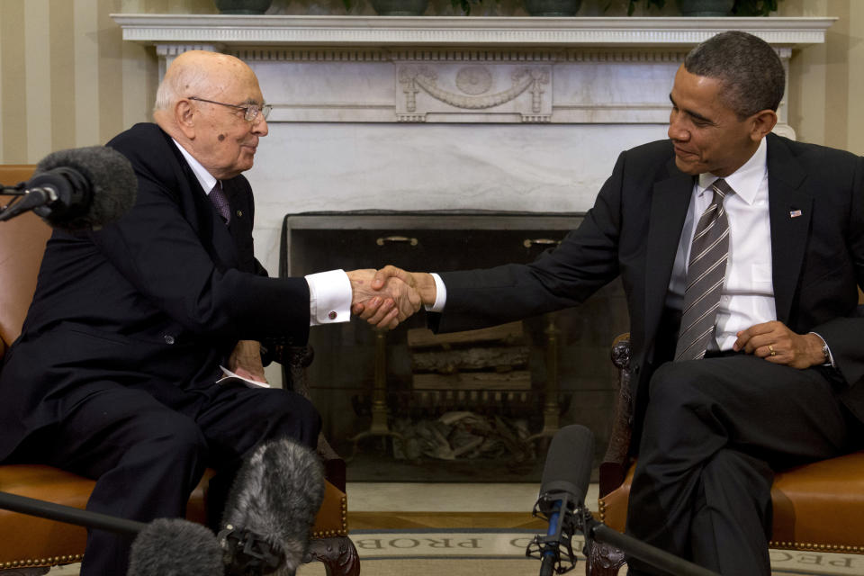 President Barack Obama shakes hands with Italian President Giorgio Napolitano during their meeting in the Oval Office of the White House in Washington, Friday, Feb. 15, 2013.