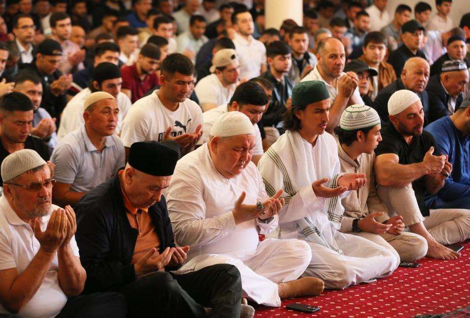 Muslims pray during the Eid al-Adha celebration at Ar-Rahma Mosque in Kyiv, Ukraine, on June 28, 2023. (Vladimir Shtanko/Anadolu Agency via Getty Images)