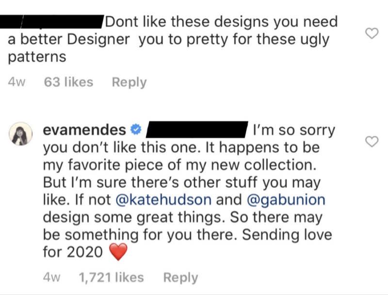 Eva Mendes reagierte mit Herzlichkeit auf eine Instagram-Abonnentin, die ihre Designs als "hässlich" bezeichnete.  (Screenshot: Instagram/Eva Mendes)