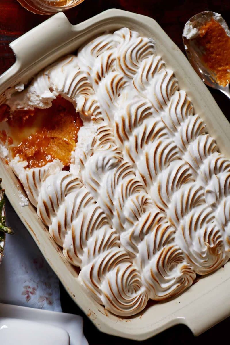 <p>Forget the lattice-topped pie. Let your sweet potatoes serve as the showstopper this year with a piped meringue layer. </p><p><em>Get the recipe at <a href="https://www.countryliving.com/food-drinks/recipes/a5865/maple-meringue-potato-casserole-recipe-clx1114/" rel="nofollow noopener" target="_blank" data-ylk="slk:Country Living;elm:context_link;itc:0;sec:content-canvas" class="link ">Country Living</a>.</em></p>