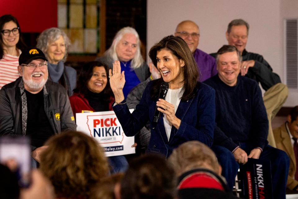 PHOTO: Republican presidential hopeful and former UN Ambassador Nikki Haley speaks during a campaign event at the Olympic Theatre in Cedar Rapids, Iowa, on Jan. 11, 2024.  (Christian Monterrosa/AFP via Getty Images)