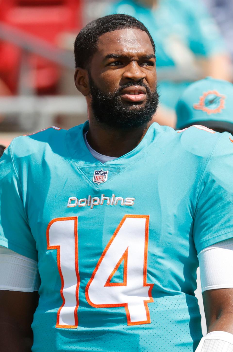 Oct 10, 2021; Tampa, Florida, USA; Miami Dolphins quarterback Jacoby Brissett (14) against the Tampa Bay Buccaneers  at Raymond James Stadium. Mandatory Credit: Kim Klement-USA TODAY Sports