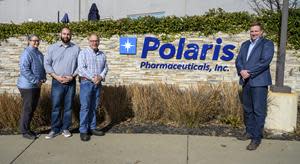 Vacaville Mayor Ron Rowlett (right) meets with Vacaville's Polaris Pharmaceuticals Principal Engineer Mary Scomona, Business Development Manager Jose Ortiz and Facility Director Matt Mitchell (left to right), to congratulate them in expanding their operations in the Vaca Valley Business Park.