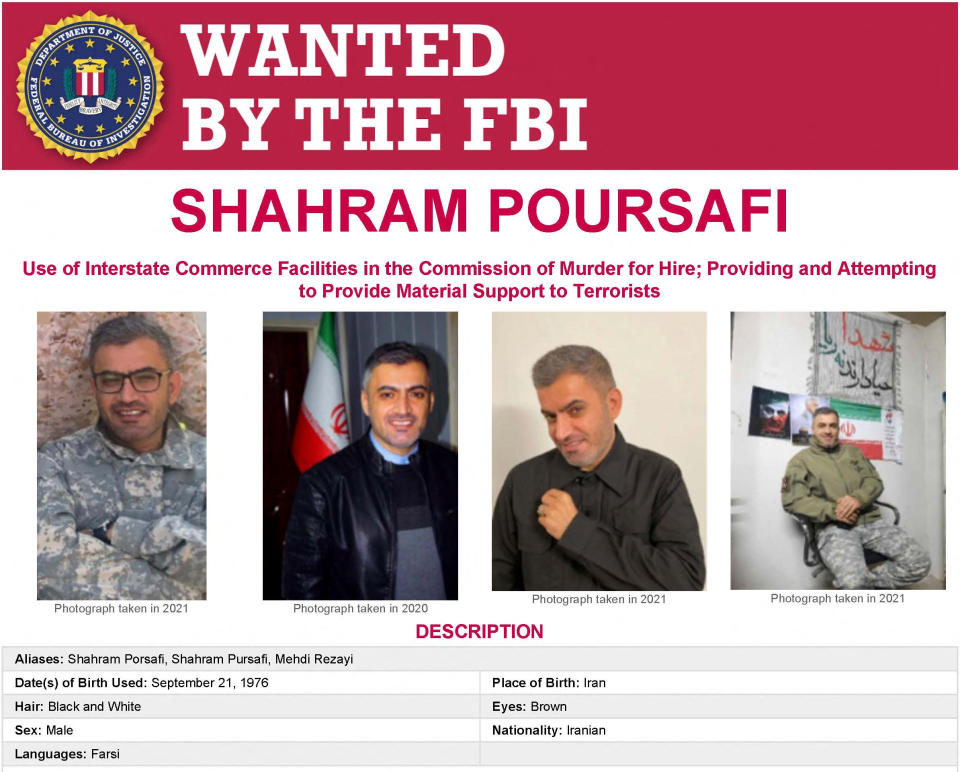 An FBI wanted poster of Shahram Poursafi, also known as Mehdi Rezayi, of Tehran, Iran