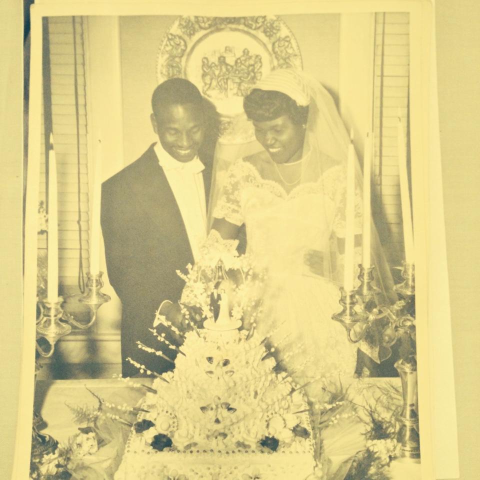 W.J. and Mildred Williams cut their wedding cake in 1950.