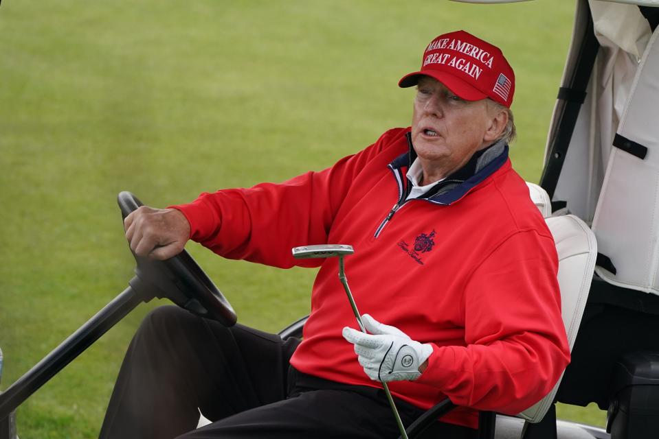 Trump at Trump Turnberry earlier today (PA)