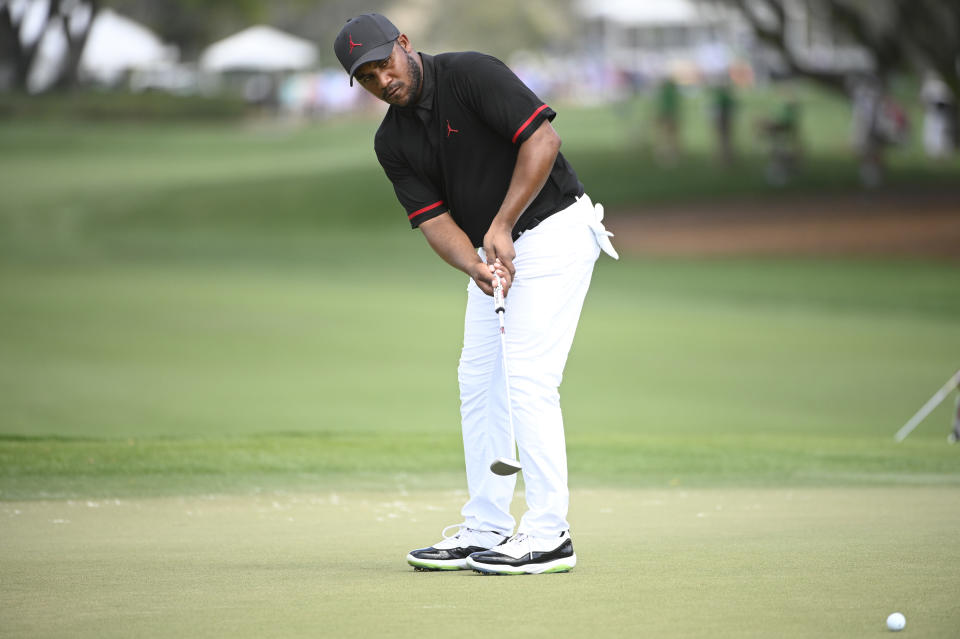 FILE - In this March 5, 2020, file photo, Harold Varner III watches his putt on the ninth green during the first round of the Arnold Palmer Invitational golf tournament in Orlando, Fla. Varner, one of three players of black heritage on the PGA Tour, wrote a thoughtful post about the killing of George Floyd and the civil unrest. (AP Photo/Phelan M. Ebenhack, File)
