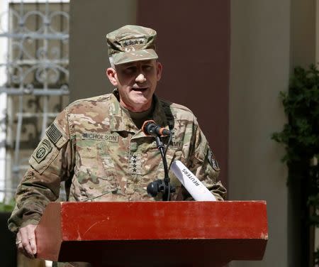 U.S. Army General John Nicholson, Commander of Resolute Support forces and U.S. forces in Afghanistan, speaks during a memorial ceremony to commemorate the 15th anniversary of the 9/11 attacks, in Kabul, Afghanistan September 11, 2016. REUTERS/Omar Sobhani