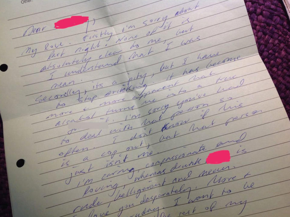 Among the items was a two-page handwritten letter addressed to “my love,” apologising for their drunken actions. Photo: Twitter/ Tony Robertson