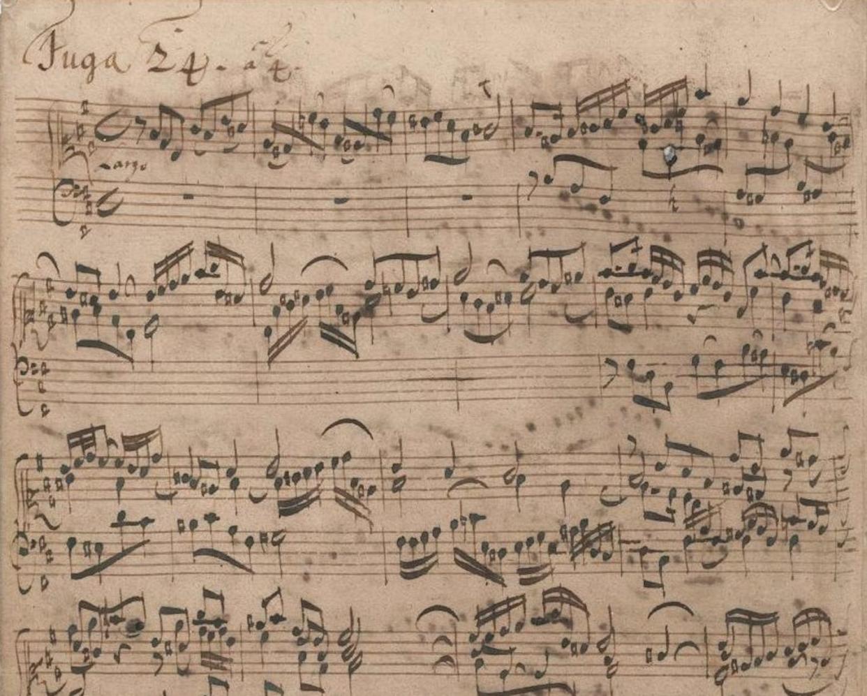 Comienzo de la fuga en si menor, BWV 869, del Clave bien temperado I. (Ms. P 415, Berlín). Copia autógrafa de puño y letra de Bach. <a href="https://commons.wikimedia.org/wiki/File:Bach,_fugue_en_si_mineur,_BWV_869_(Ms._P_415,_Berlin).jpg" rel="nofollow noopener" target="_blank" data-ylk="slk:Wikimedia Commons;elm:context_link;itc:0;sec:content-canvas" class="link ">Wikimedia Commons</a>, <a href="http://creativecommons.org/licenses/by-sa/4.0/" rel="nofollow noopener" target="_blank" data-ylk="slk:CC BY-SA;elm:context_link;itc:0;sec:content-canvas" class="link ">CC BY-SA</a>