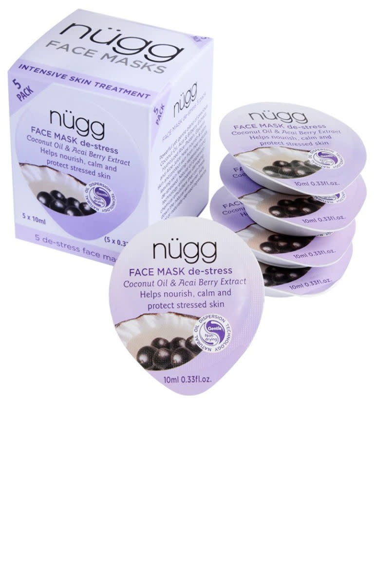 <p>A blend of antioxidants, oils, and humectants are all packed into a tiny little tub perfect for smearing on when you're away from home.</p><p><strong>Nügg</strong> De-Stress Face Masks, $16.45,<a rel="nofollow noopener" href="http://www.target.com/p/n-gg-de-stress-face-mask-0-33-oz/-/A-50616829?ref=tgt_adv_XS000000&AFID=google_pla_df&CPNG=PLA_Health+Beauty+Shopping&adgroup=SC_Health+Beauty&LID=700000001170770pgs&network=g&device=c&location=9067609&gclid=CjwKEAiA9s_BBRCL3ZKWsfblgS8SJACbST7Dy64dK_lNS_5b8B4-7vqUhLFjMC2mVe-4XDtbd52bURoCDPHw_wcB&gclsrc=aw.ds" target="_blank" data-ylk="slk:target.com;elm:context_link;itc:0;sec:content-canvas" class="link ">target.com</a></p>