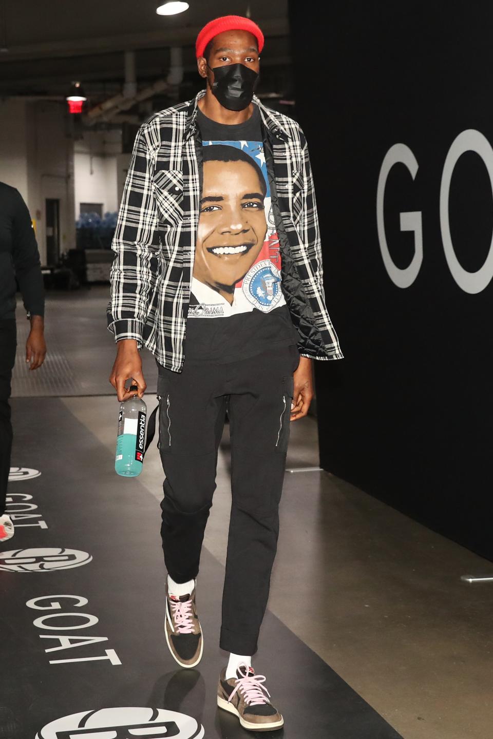 Kevin Durant of the Nets arrives for a game against the Washington Wizards in Brooklyn, January 3, 2021.