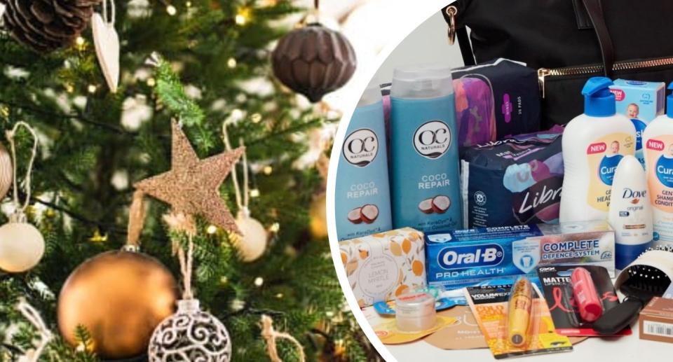 Close-up of decorations on Christmas tree; and women's toiletry products