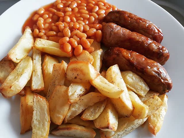 10) Wrinkly sausages, chips and beans