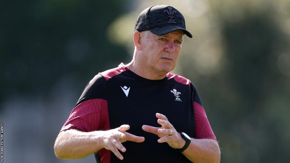 Warren Gatland issuing instructions at the final training session before Wales' Rugby World Cup opening game against Fiji