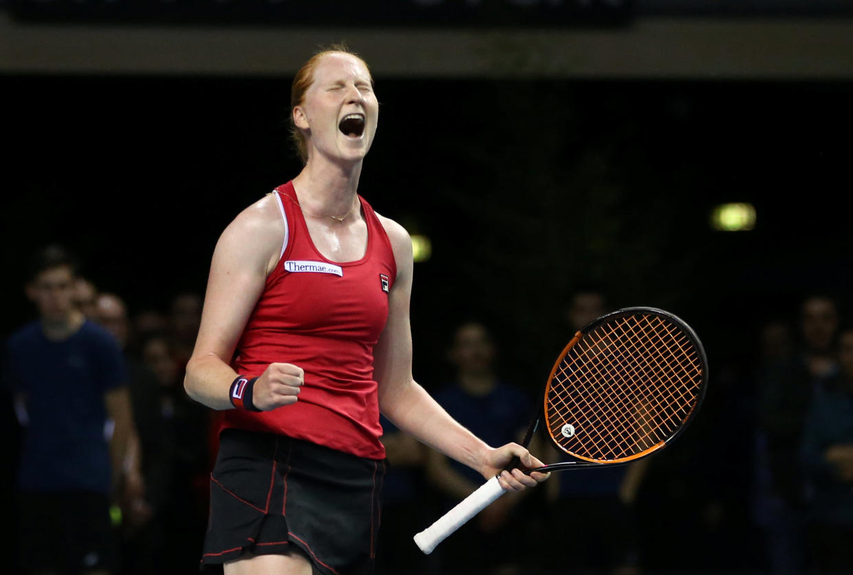 Alison Van Uytvanck jugando un partido de Copa Federación para Bélgica el pasado febrero. Foto: REUTERS/Stephane Mahe