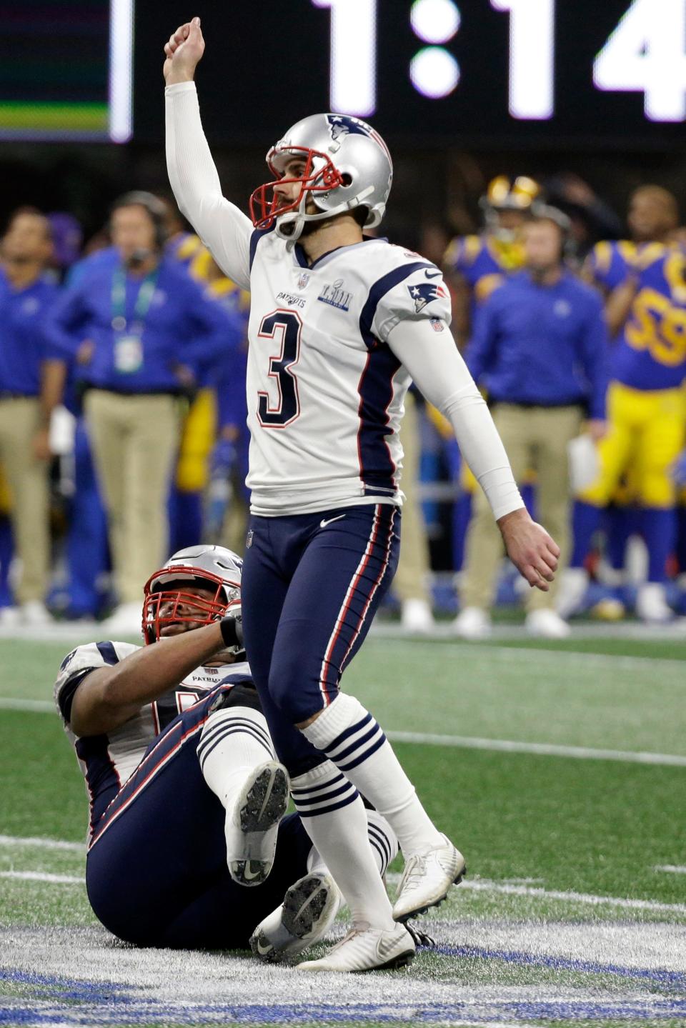 New England Patriots' Stephen Gostkowski (3) gestures after scoring a field goal, during the second half of the NFL Super Bowl 53 football game against the Los Angeles Rams, Sunday, Feb. 3, 2019, in Atlanta. The Patriots defeated the Rams 13-3.