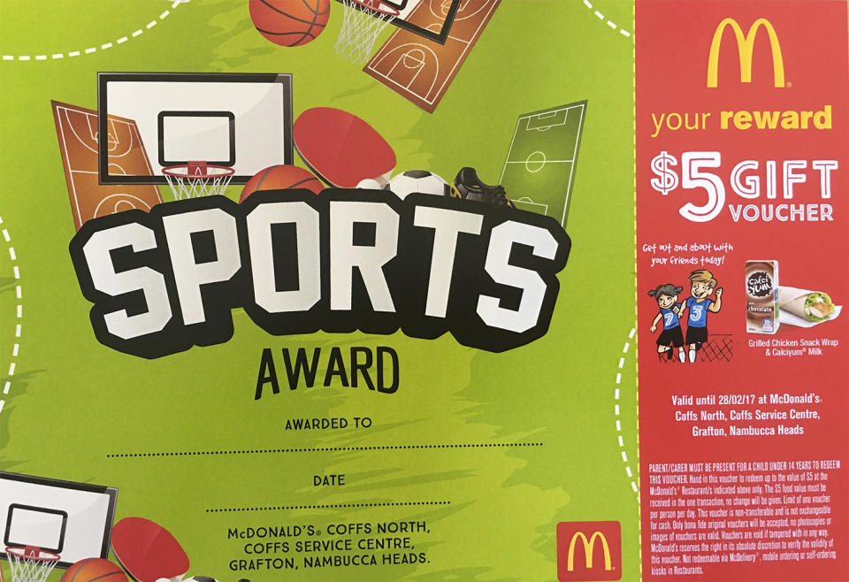 Some McDonald’s restaurants offer ‘sports awards’ as part of their community sponsorship programs. Source: McDonald’s Australia