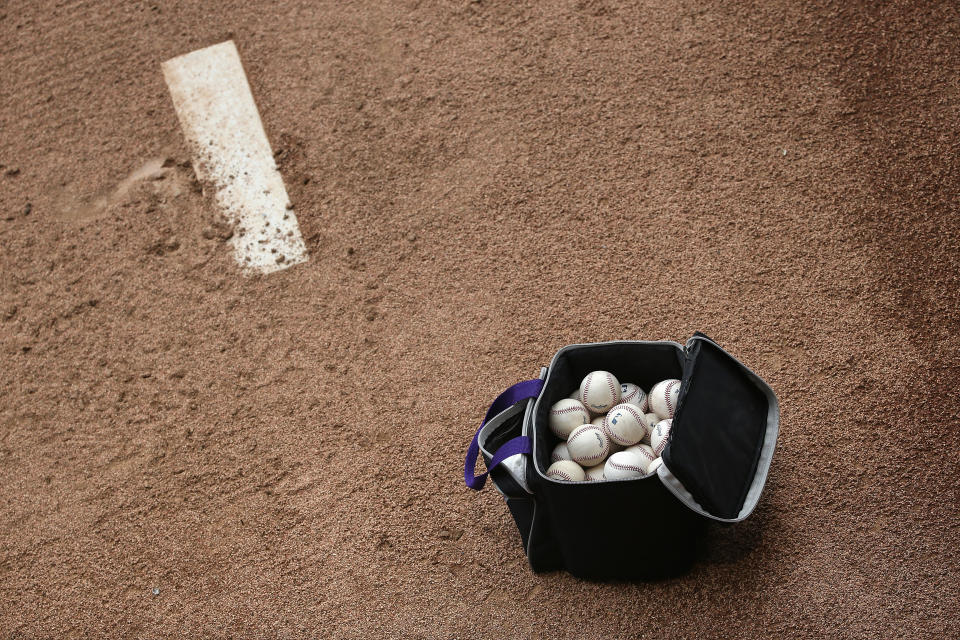 DENVER, CO - APRIL 25:  A bag of baseballs sits on the mound in the bullpen as the Pittsburgh Pirates prepare to face the Colorado Rockies at Coors Field on April 25, 2016 in Denver, Colorado. (Photo by Doug Pensinger/Getty Images)