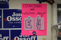 <p>A sign in a campaign office for Democratic candidate Jon Ossoff shows today is E Day indicating that it is Election Day as he runs for Georgia’s 6th Congressional District on June 20, 2017 in Tucker, Ga. (Photo: Joe Raedle/Getty Images) </p>