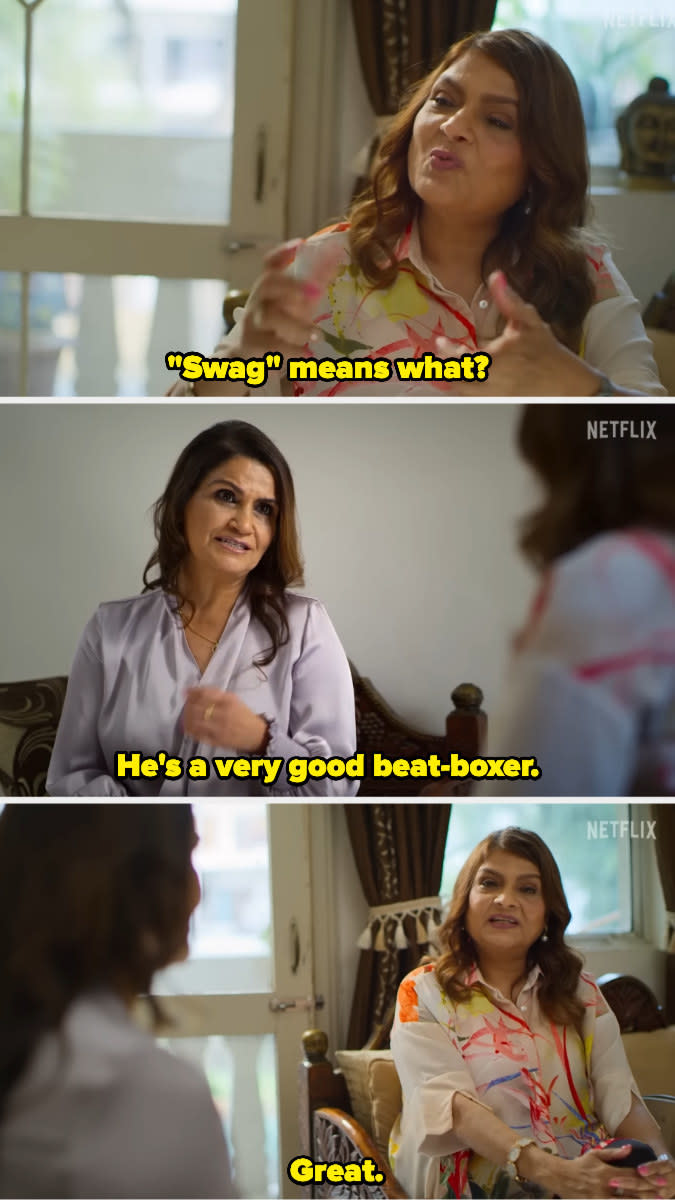 Sima Aunty asks what "swag" means, and says "great" when told "he's a very good beat boxer"