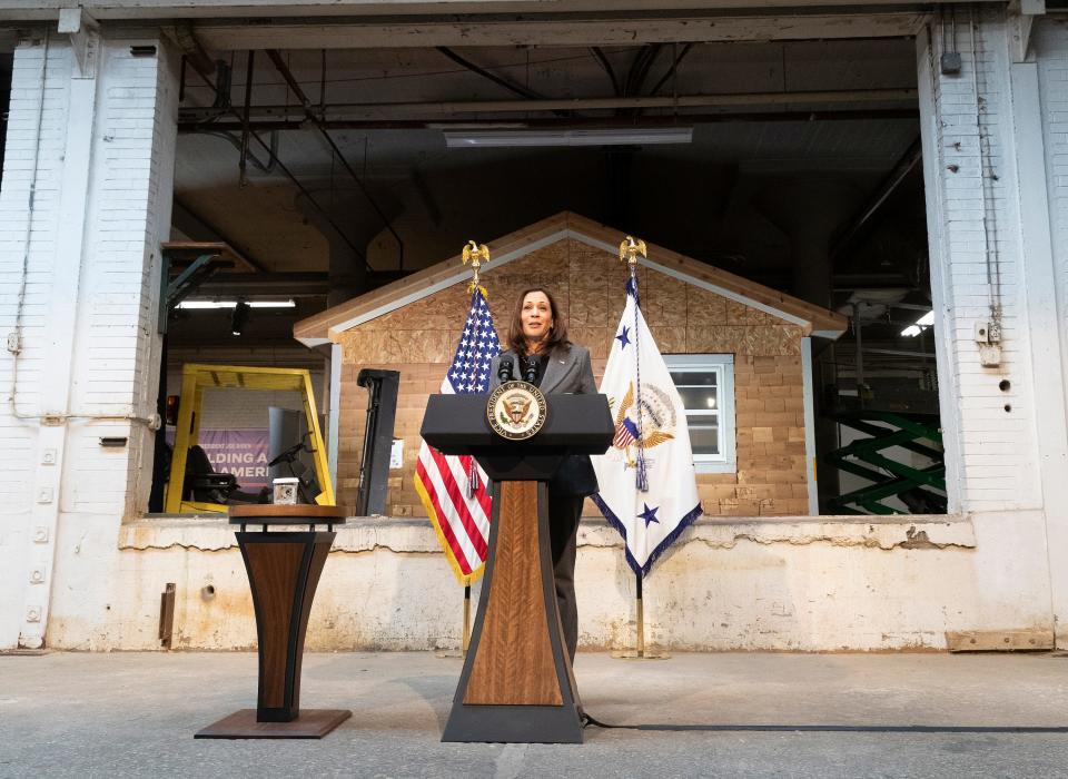 Vice President Kamala Harris speaks Monday, January 24, 2022 at the Wisconsin Regional Training Partnership/ BIG STEP at 3841 W. Wisconsin Ave. in Milwaukee, Wis. She was joined by Michael Regan, the Environmental Protection Agency Administrator, and two top Wisconsin Democrats, U.S. Sen. Tammy Baldwin and U.S. Rep. Gwen Moore. Harris was promoting the $1 trillion bipartisan infrastructure law and focus on the push to replace lead pipes in Milwaukee and across the country.