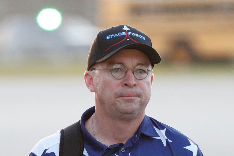 Mulvaney was wearing a stars and stripes shirt and a hat emblazoned with the words "Space Force." (Photo: Tom Brenner / Reuters)