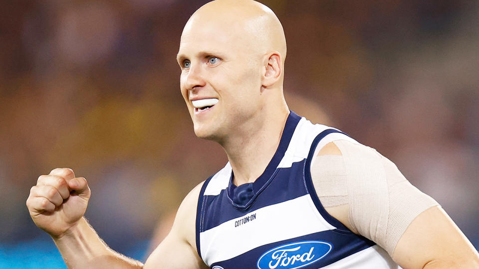 Gary Ablett Jr. celebrates a goal for Geelong in the 2020 AFL grand final.