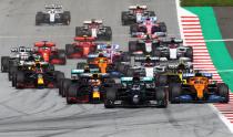 Mercedes' British driver Lewis Hamilton (C) leads from the pole position at the start of the Formula One Styrian Grand Prix race on July 12, 2020 in Spielberg, Austria. (Photo by Mark Thompson / various sources / AFP) (Photo by MARK THOMPSON/AFP via Getty Images)