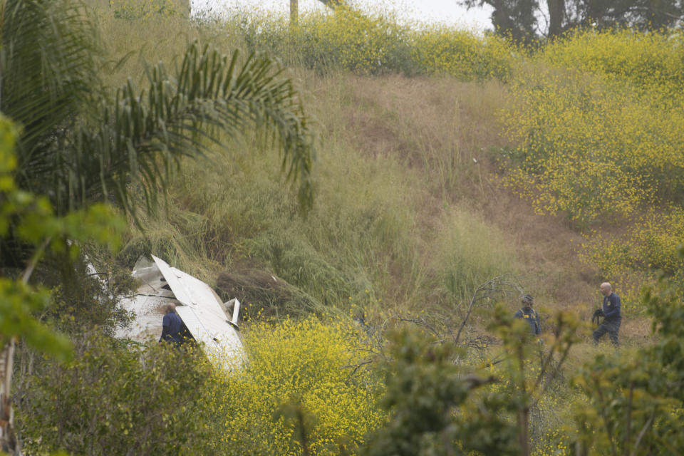 National Transportation Safety Board investigators inspect a downed plane on a steep hill above a home on Beverly Glen Circle in Los Angeles, Sunday, April 30, 2023. Fire department officials said a person was found dead following an intensive search for the single-engine airplane that crashed in a foggy area Saturday night. (AP Photo/Damian Dovarganes)