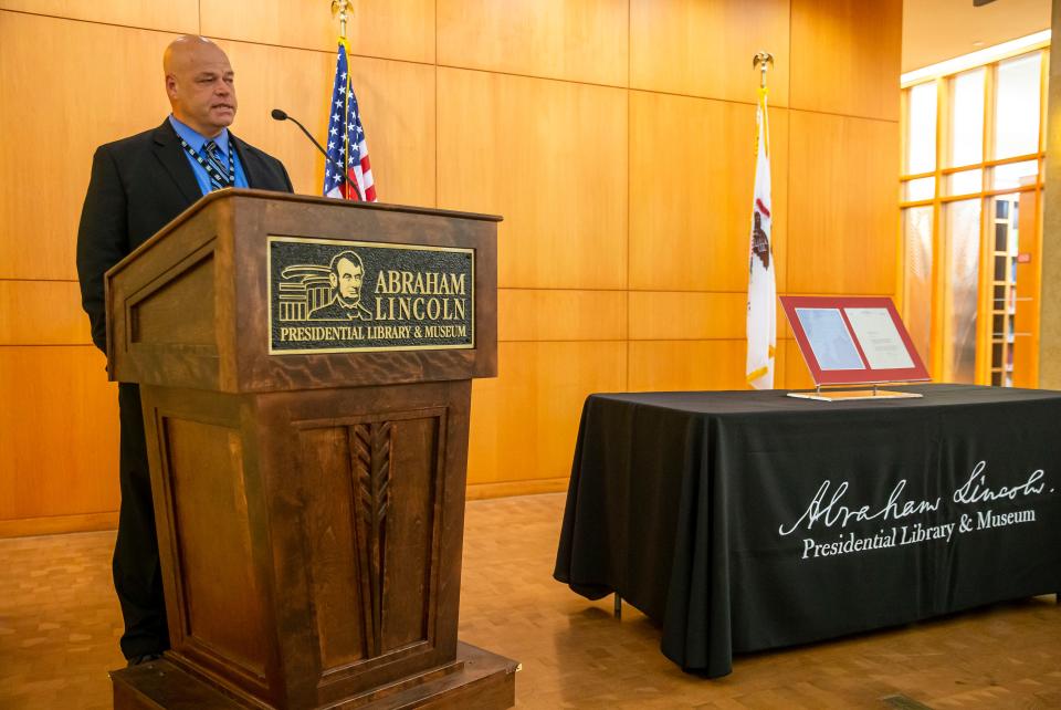 Acquisitions Chief Ian Hunt speaks about a 1854 handwritten letter from Lincoln donated by Guy Fraker, of Bloomington, Ill., attorney, author and Lincoln collector, for the collection of the ALPLM during a ceremony at the Abraham Lincoln Presidential Library in Springfield, Ill., Thursday, July 1, 2021. Abraham Lincoln’s 1854 letter to Elihu Powell says that he has decided not to serve as a state representative again and according to scholars meant that he had his sights on the U.S. Senate. [Justin L. Fowler/The State Journal-Register] 