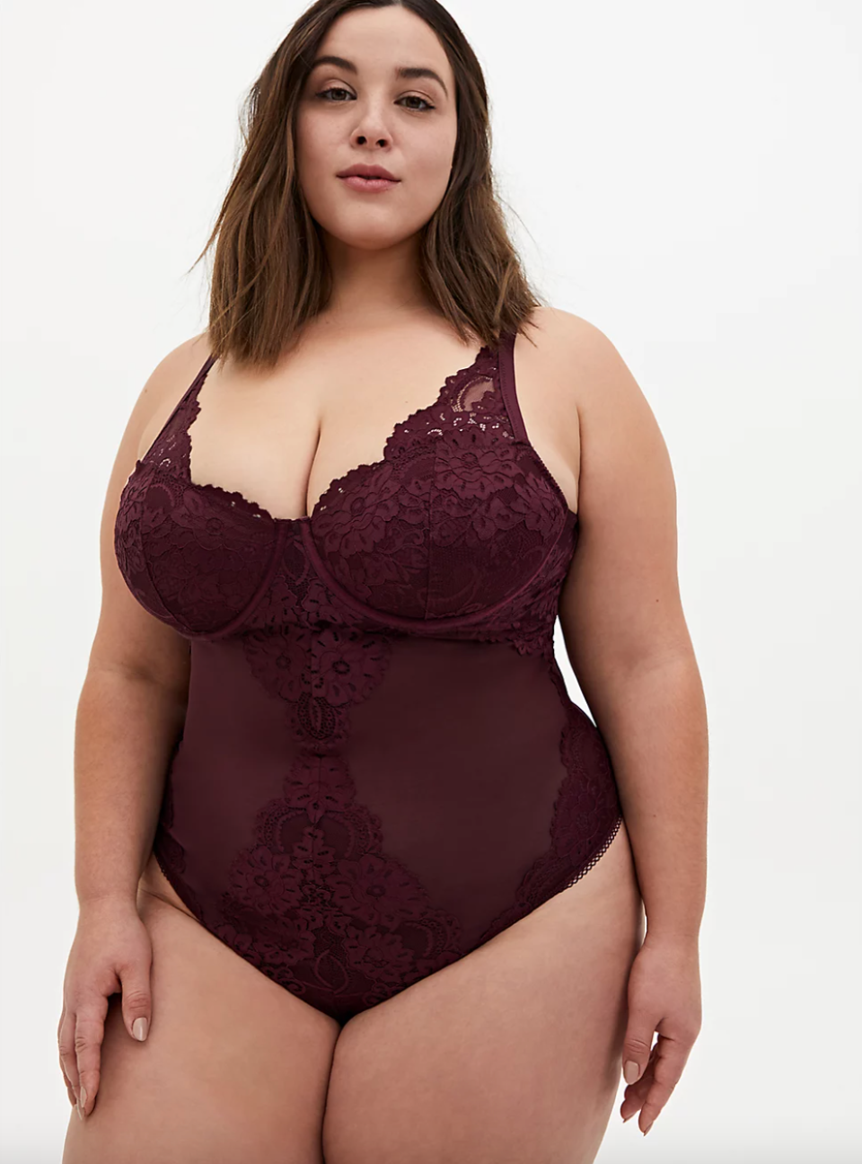 Lace Underwire Thong Bodysuit in Burgundy Purple (Photo via Torrid)