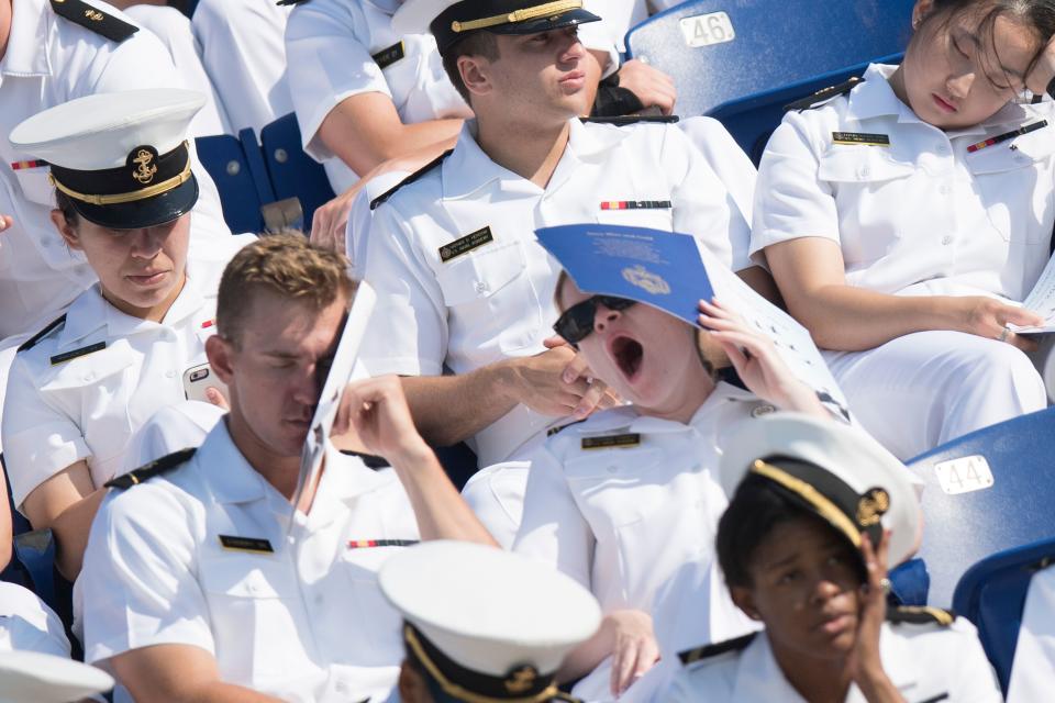 <p>U.S. Naval Academy midshipmen await the graduation ceremony in Annapolis, Md.,, on May 25, 2018. (Photo: Jim Watson/AFP/Getty Images) </p>