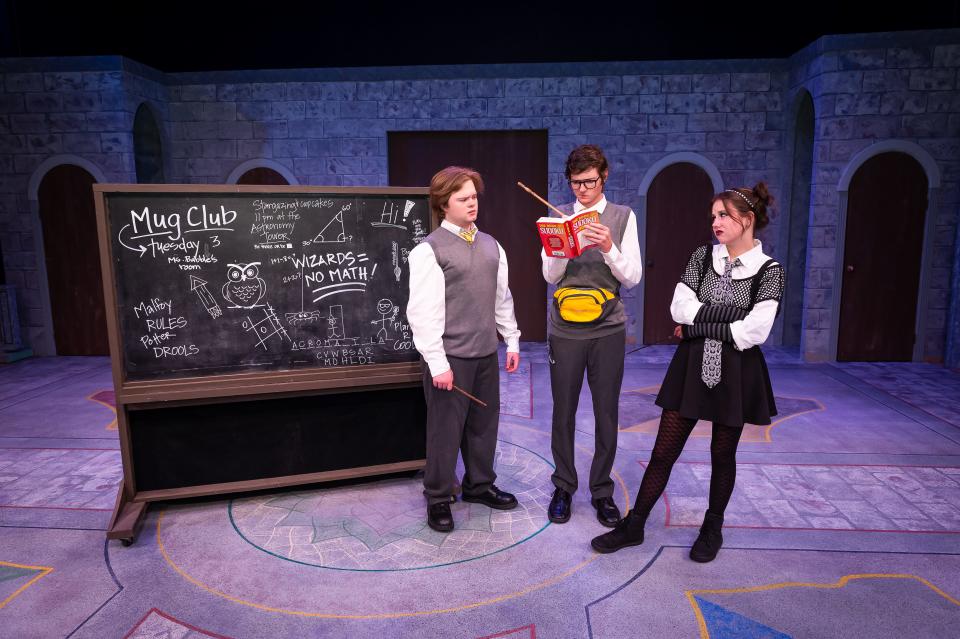 From left, Maddox Nite, Ethan Wilcox and Mattie Gilespie perform a scene in the Amarillo Little Theatre Academy production of "Puffs." The production runs July 13 through 16 at the ALT Adventure Space.
