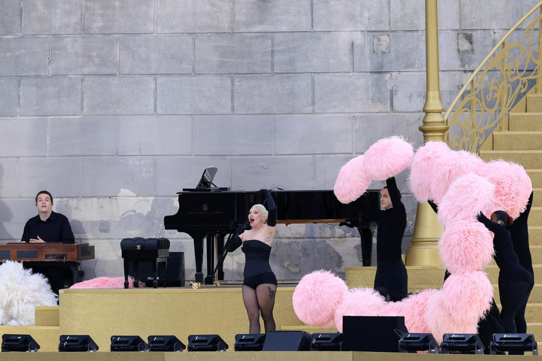 PARIS, FRANCE - JULY 26:  American Singer-Songwriter Lady Gaga performs at Square Barye during the athletes’ parade on the River Seine during the opening ceremony of the Olympic Games Paris 2024 on July 26, 2024 in Paris, France. (Photo by Maja Hitij/Getty Images)