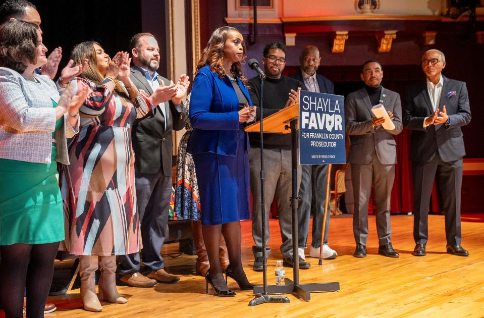Columbus City Councilmember Shayla Favor, who is an attorney, announces her candidacy for Franklin County Prosecutor during a Nov. 30, 2023, event at The Pythian Theater on the Near East Side, where she lives.